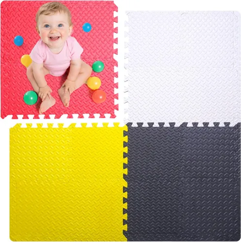 Miniatura 17 de Coolcandy Tapete de juego de espuma para bebé, 16 piezas con tiras de borde, azulejos de piso entrelazados de 4 colores, tapete de piso
