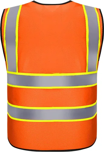 Miniatura 3 de Chaleco de seguridad con logotipo personalizado, chaleco reflectante de visibilidad estándar ANSI clase 2 a granel con bolsillos y cremallera