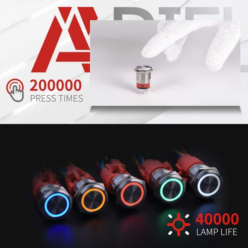 Miniatura 5 de APIELE Interruptor de botón de cierre de 0.748 in, 12 V - 24 V CC LED SPDT 1NO1NC, interruptor de botón de metal de acero inoxidable con coleta, 6