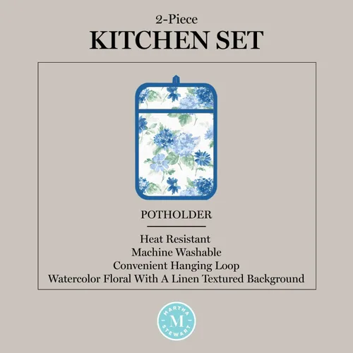 Miniatura 10 de Martha Stewart Juego de 2 manoplas de horno y agarraderas florales ámbar, azul/verde, OM: 7"x13" y PH: 7"x10