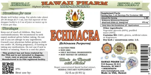 Miniatura 2 de Extracto líquido sin alcohol de equinácea, equinácea orgánica (Echinacea Purpurea) Hierba seca Glicerita Hawaii Pharm Suplemento herbario natural 32