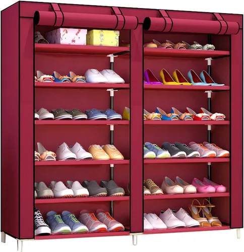 Miniatura 9 de Zapatero de 2 filas de metal, cubierta de tela multicapa a prueba de polvo, organizador de almacenamiento para dormitorio, sala de estar, puerta