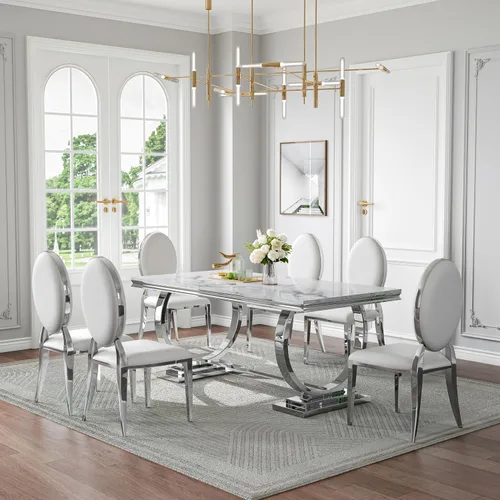 Miniatura 33 de Juego de mesa de comedor de mármol de 70 pulgadas para 6, mesa de cocina grande y sillas de cuero negro, mesas de comedor modernas negras y doradas