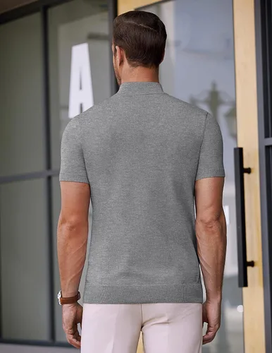 Miniatura 7 de COOFANDY Suéter de cuello alto falso para hombre, de manga corta, color sólido, básico, ajustado, de punto