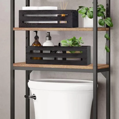 Miniatura 5 de LotFancy Caja de decoración de baño, paquete de 2 soportes de madera para papel higiénico, cesta negra para tanque de inodoro, cesta de Negro