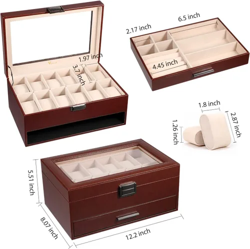 Miniatura 2 de Voova Joyero organizador de cajas de reloj para hombres y mujeres 2 capas grandes de 12 ranuras de piel sintética estuche de almacenamiento