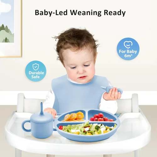 Miniatura 2 de Bufims Juego de alimentación de silicona para bebés, suministros de destete para bebés, utensilios esenciales para comer con placa de succión y Azul