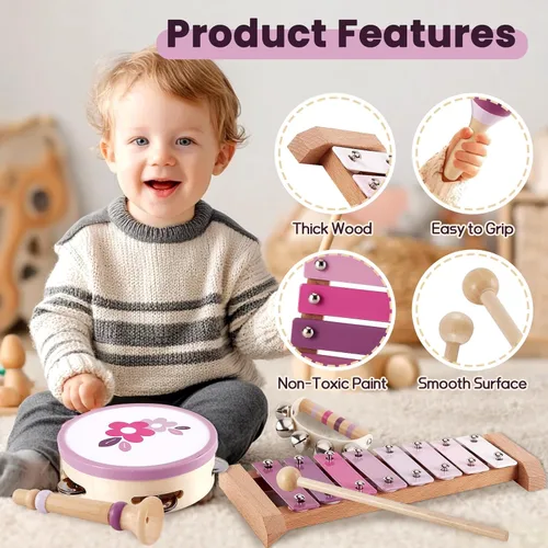 Miniatura 6 de BUYGER Instrumentos musicales para bebés con xilófono, juegos de instrumentos de percusión de madera con bolsa de almacenamiento, regalos educativos