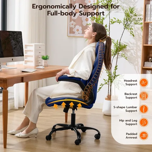 Miniatura 5 de Silla de Escritorio de Oficina, Silla Ergonómica para Computadora con Brazos Abatibles Acolchados y Soporte Lumbar Ajustable, Silla Ejecutiva de Azul