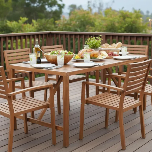 Miniatura 2 de Tangkula Mesa de comedor rectangular para exteriores, mesa de madera de acacia con agujero para sombrilla de 2 pulgadas, amplia mesa de listones