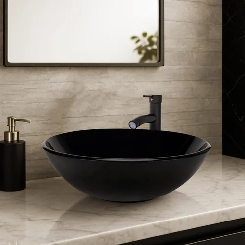 Miniatura 7 de YIMAI Lavabo de Vidrio Negro 16.5" x 16.5" x 5.5" – Vidrio Templado Sobre Encimera Lavabo Redondo para Baño Tazón de Encimera Lavabos Modernos