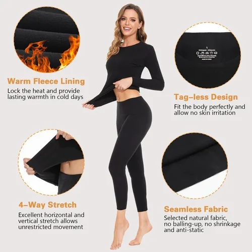 Miniatura 4 de SIMIYA Conjunto de ropa interior térmica para mujer, manga larga, corte libre, forro polar, capa base para clima frío
