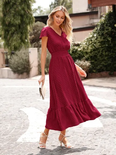 Miniatura 5 de PRETTYGARDEN Vestido de cóctel largo de manga corta con cuello en V para mujer, diseño de lunares suizos con volantes y escalonado