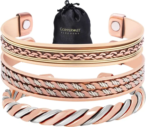 Pulseras de cobre para hombres y mujeres | Juego de 3 con caja de regalo | Hecho a mano 100% cobre | Regalo para mujeres y hombres