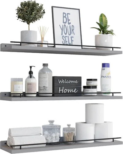 Miniatura 17 de WOPITUES Estantes flotantes con barandilla de metal negro, estantes para decoración de pared, juego de 3, estantes de pared para dormitorio, baño