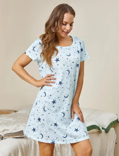 Miniatura 3 de PNAEONG - Camisón de algodón para mujer, de manga corta y con estampado, ropa de dormir informal
