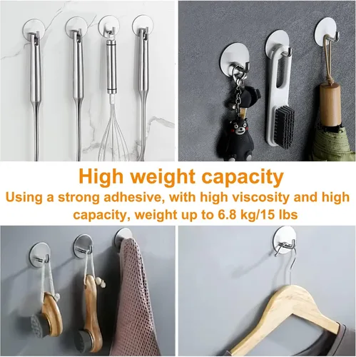 Miniatura 2 de Ganchos adhesivos plateados para pared, sin daños, resistentes, 15 libras (máx.), paquete de 8 unidades, ganchos adhesivos para colgar, acero