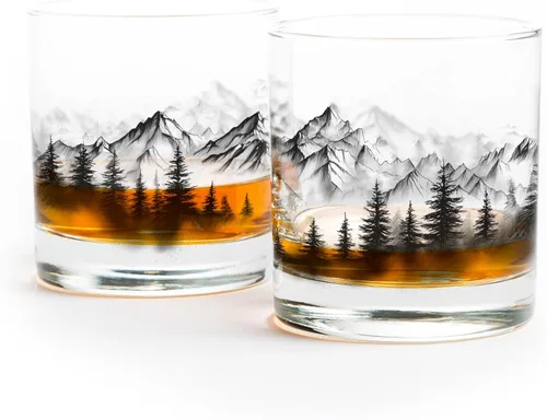 Miniatura 10 de Black Lantern Juego de 2 vasos de whisky, vasos de cóctel antiguos de 11 onzas con ilustraciones de bosque y nubes, vasos de rocas prémium