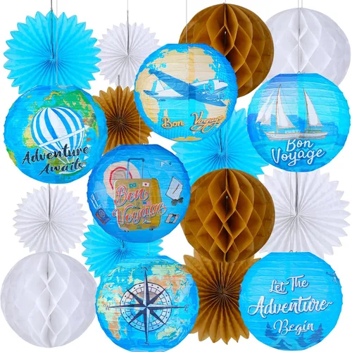 Baquler 18 piezas de decoración de fiesta de viaje alrededor del mundo, Bon Voyage, linterna de papel colgante Let The Adventure Begin Fans