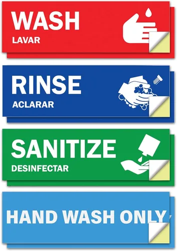 Miniatura 8 de Etiquetas para fregadero de lavar, enjuagar y desinfectar – 2.75 x 9 pulgadas – También incluye letrero de lavado a mano únicamente – Señales