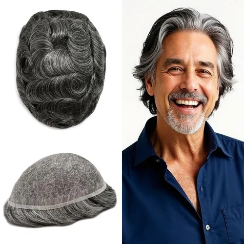 Miniatura 80 de PUNRU HAIR Completo Swiss Lace Toupee para hombres Sistema de cabello humano real Sistema de reemplazo de cabello humano para hombre Toupee
