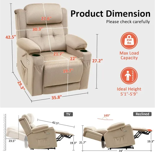 Miniatura 3 de MCombo Silla Reclinable Mediana de Elevación con Triple Motor Eléctrico con Masaje y Calor para Personas Mayores, Reposacabezas Ajustable, Posición
