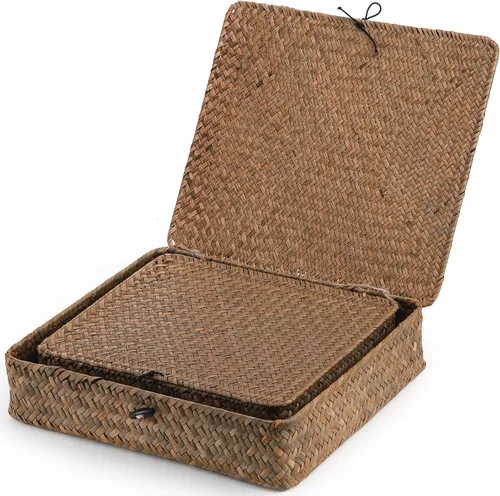 Miniatura 3 de Elsjoy Paquete de 2 cubos de almacenamiento planos de mimbre tejido con tapa y palanca de madera, juego de cestas de hierba marina naturales hechas