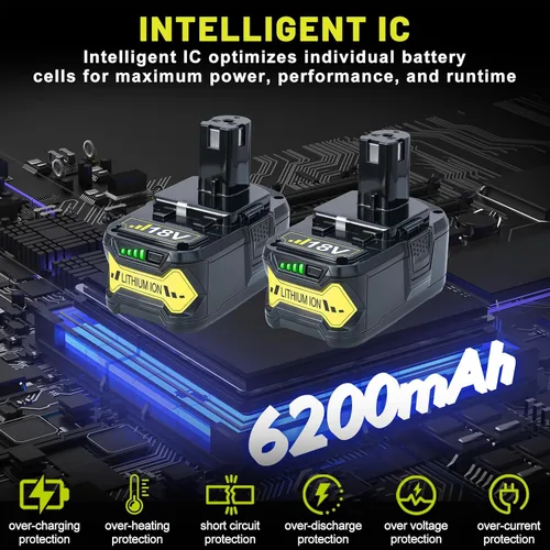 Miniatura 4 de Paquete de 2 baterías de repuesto de 6.2Ah para baterías Ryobi de 18 V P102 P103 P108 P109 P189 P190 P122 de 18 voltios ONE+