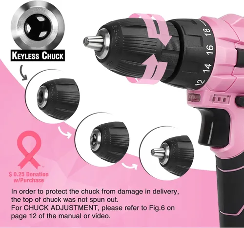 Miniatura 3 de WORKPRO Taladro inalámbrico rosa de 12 V y kit de herramientas para el hogar, juego de herramientas manuales para bricolaje, mantenimiento