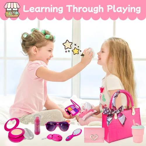 Miniatura 6 de Bolso para niña con maquillaje de simulación para niños pequeños, juego de monedero para niños, incluye bolso, auriculares de juego, cartera