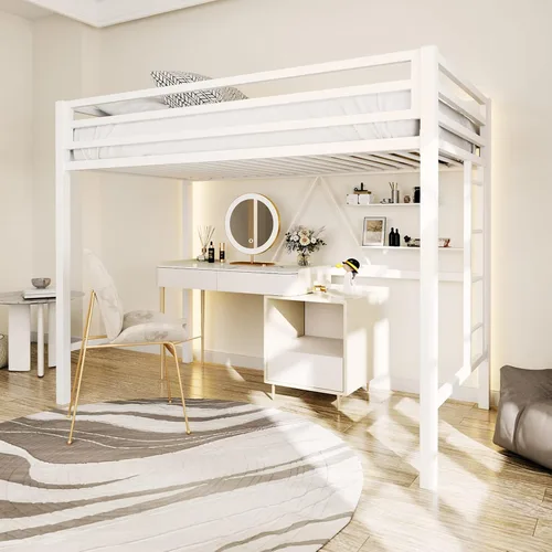 ikalido - Cama elevada de metal tamaño individual con barandilla de seguridad y escalera, no requiere somier, ahorra espacio, mueble para Blanco