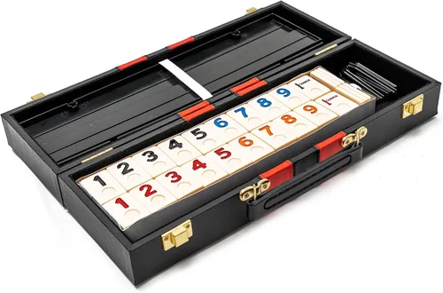 Bello Games New York, Inc. Borough Park Deluxe Rummy Juego con números grabados grandes en una caja de cuero sintético negro