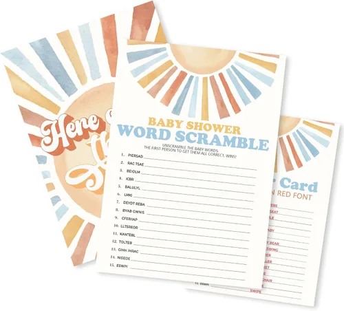 Miniatura 7 de Sunshine Fill In Baby Shower Juego de cartas – Here Comes The Son – Juego de mamá o papá para niños – Anuncio de bebé revelación de género ¿Adivina