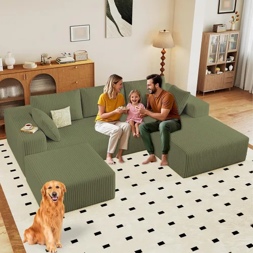 Miniatura 52 de Sofá modular de 95 pulgadas con otomana, moderno sofá nube de pana con asiento profundo, sofá sin hueso tapizado de 3 plazas en forma de U para sala
