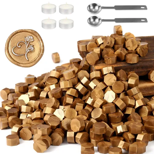 Yoption Juego de 360 cuentas metálicas de cera de sellado de oro antiguo para sello de cera con velas y cuchara de fusión