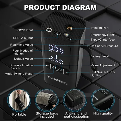 Miniatura 6 de Inflador de neumáticos Ai Compresor de aire portátil de 150 PSI con banco de energía de 15000 mAh, 5 veces de inflado rápido, indicador digital