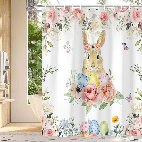 Miniatura 8 de Wathon Bonita cortina de ducha de conejo de Pascua, juego de decoración de baño con mariposa floral, tela de tela, juego de decoración de baño