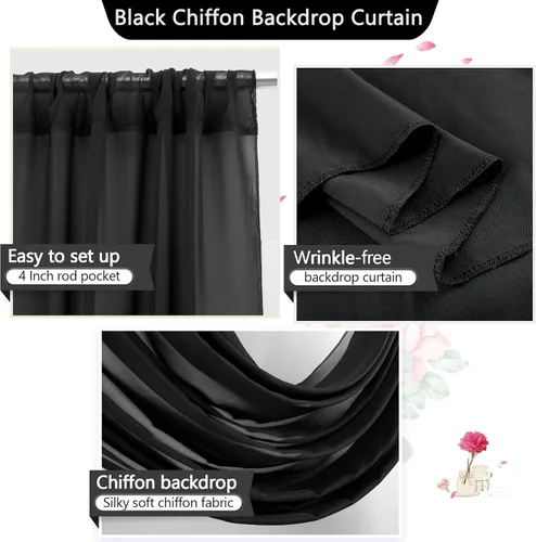 Miniatura 4 de PARTISKY Cortinas de telón de fondo de gasa negra de 10 x 7 pies, cortinas de fotos de tela transparente sin arrugas para boda, ceremonia, arco