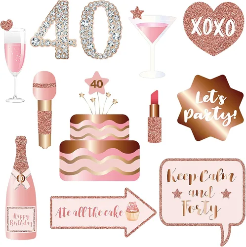 Miniatura 3 de Accesorios y letreros para cabina de fotos de fiesta de cumpleaños número 40, color oro rosa 40, kit de accesorios para selfies con palos para niñas