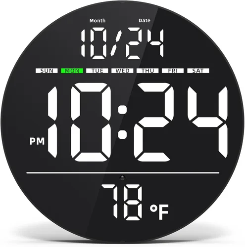 Reloj de pared digital con gran pantalla LED, fecha, temperatura, brillo automático | Pequeño reloj [ENCHUFE] | Reloj de pared eléctrico moderno