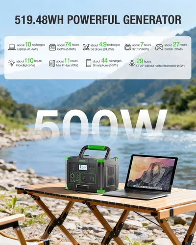 Miniatura 2 de Estación de energía portátil de 500 W, 519.48 Wh/140400 mAh, generador solar, batería de litio de reserva, fuente de alimentación con 2 salidas
