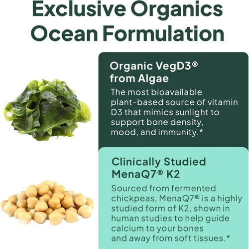 Miniatura 5 de Organics Ocean Better D3 + K2-100% Suplementos Orgánicos de VIT D3 y K2 con Máxima Biodisponibilidad – Apoya la Densidad Ósea, Equilibrio de Calcio