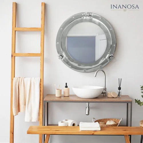Miniatura 3 de Espejo de ojo de buey – Acabado blanco níquel plateado de 10 pulgadas Decoración náutica de pared para baño y dormitorio Decoración antigua