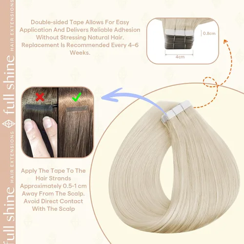 Miniatura 4 de Full Shine - Extensiones adhesivas de cabello humano de 20 pulgadas, extensiones de cabello con cinta invisible, color 1000 rubio hielo, sin