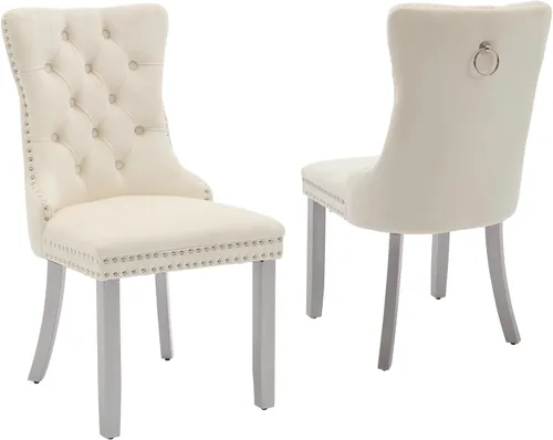 Miniatura 110 de LKTART Juego de 2 sillas de comedor de terciopelo, sillas de comedor copetudas con ribete de anillo de clavo, silla de comedor tapizada con patas