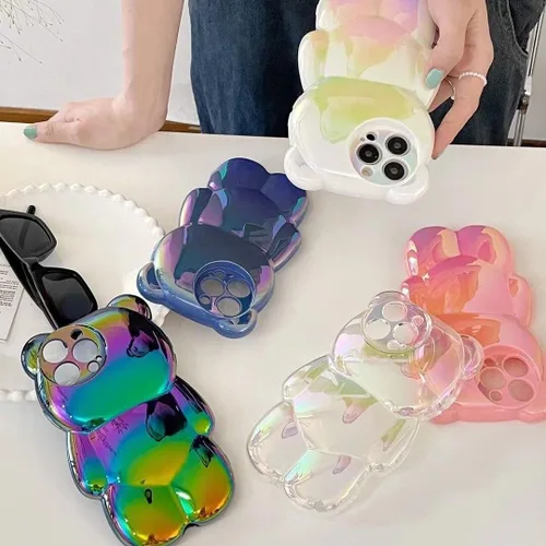 Miniatura 2 de Bear - Funda para teléfono compatible con el teléfono 11, bonita funda holográfica negra 3D con diseño de oso holográfico, a prueba de golpes, Kpop