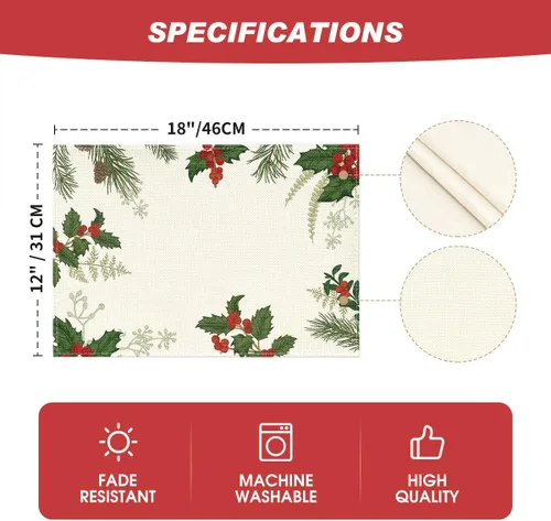 Miniatura 6 de Artoid Mode Holly - Juego de 4 manteles individuales de Navidad con cono de pino de 12 x 18 pulgadas, manteles individuales de invierno