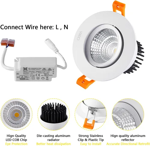 Miniatura 3 de Lámpara empotrable LED de 3 pulgadas, lámpara de techo COB de 5 W con controlador, 3000 K/4000 K/6000 K, CRI92, 410 lm, accesorio de iluminación
