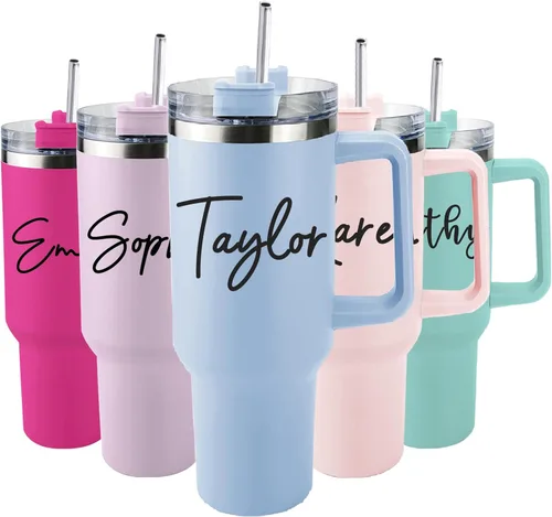 Se envía al día siguiente, vaso térmico de 40 onzas con asa y sorbete con flor de nacimiento, vaso personalizado con nombre, taza aislada Vaso con