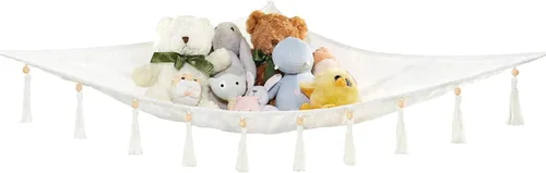 Mkono Hamaca de animales de peluche, organizador de juguetes colgante de esquina con borlas, juguetes de peluche, soporte de red para guardería,